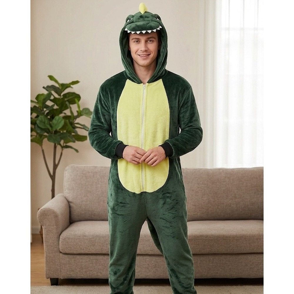 Dinosaur Costume Pajamas Adult S/M Green Plush Hooded Bodysuit Kigurumi
